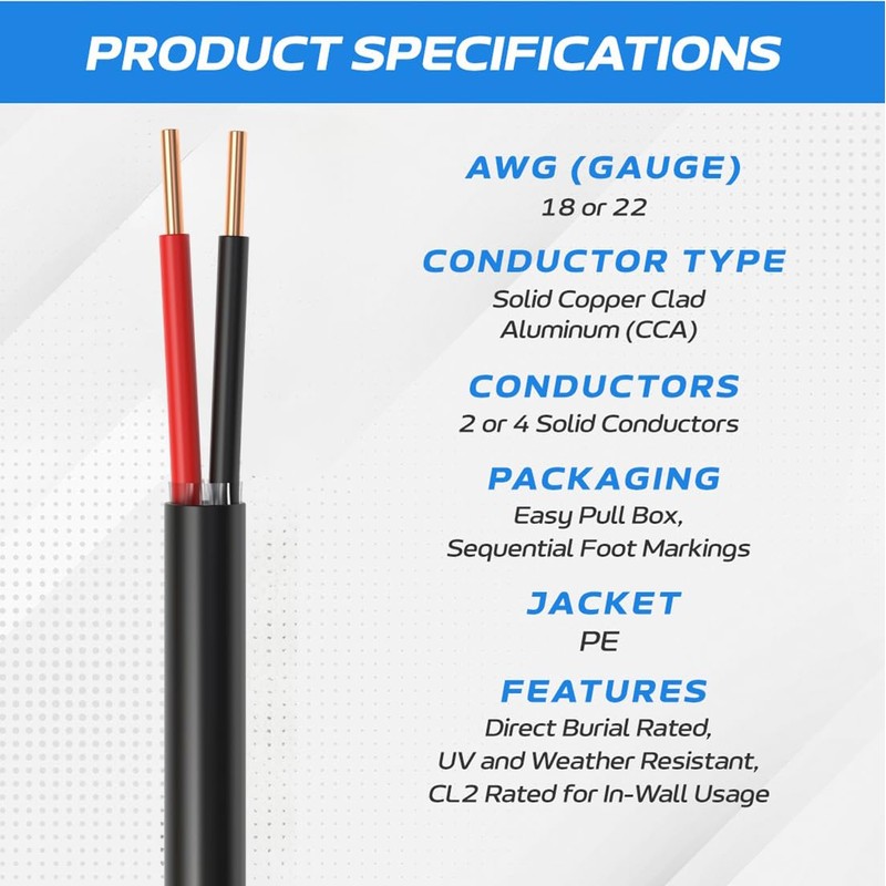 500FT 18AWG Outdoor Alarm Wire – 2 Conductor Solid CCA