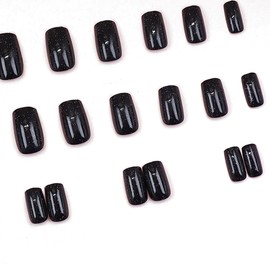 24 pcs Bling Coffin Fake Nails Medium, Simple Design French Tip Press on Nails, Cool Black Stick on Nails for Women and Girls, Acrylic Medium Glue on Nails for Nail Art