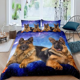 Feelyou Dog Galaxy Duvet Cover 3D German Shepherd Dog Print Bedding Set Chic Blue Purple Starry Sky Comforter Cover for Boys Girls Women Men Cute Pet Puppy Animal Pattern Bedspread Cover Soft King