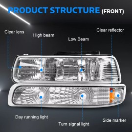 Mayello 6PCS Headlights W/Bumper Lamps+Tail Lights For 2000-2006 Chevy Suburban Tahoe