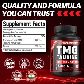 TMG Trimethylglycine 1000 mg with Taurine 500 mg Supplement – Non-GMO, Gluten Free (60 Capsules)