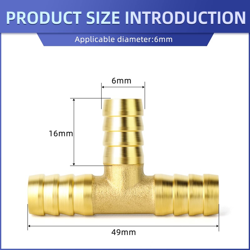 ERGAOBOY 5 Pcs 6mm Brass Hose Barb Tee, 3 Way