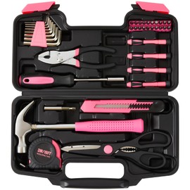 39 Piece Tool Set General Household Hand Kit With Storage Case Basics Tools for Home, Garage, Office and College Dormitory Use (Pink)