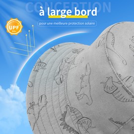 SEYUFN Bob Sun Hat Baby Fishing Hat with Wide Brim Sun Hat Girls Adjustable Cotton Hat UV Protection Summer Hat for Children, Grey Dinosaur