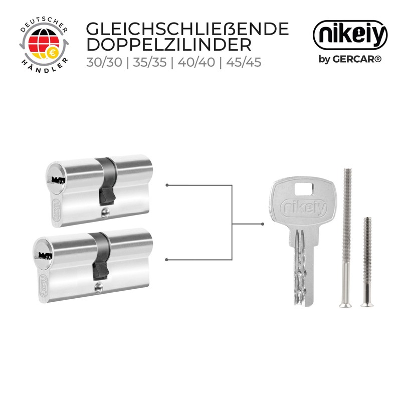 GERCAR Profile Cylinder, Locking Cylinder, 30/30 mm, Double Cylinder Door