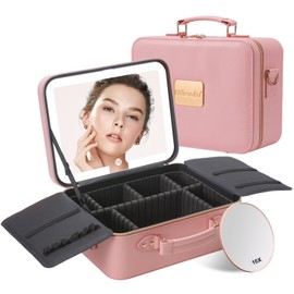 Mocado Travel Makeup Bag with LED Lighted Mirror,Makeup Case with 3 Color Lighted Setting and 10x Magnifying Mirror, Portable Storage and Adjustable Dividers (Pink with Hard Leather)