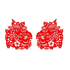 Chinese Paper-cut Art for Lucky Pig, Jian Zhi, Chinese New Year Decorations, Chinese Grilles,Vinyl Decal Sticker, Red (Each Pig is 8 inches)