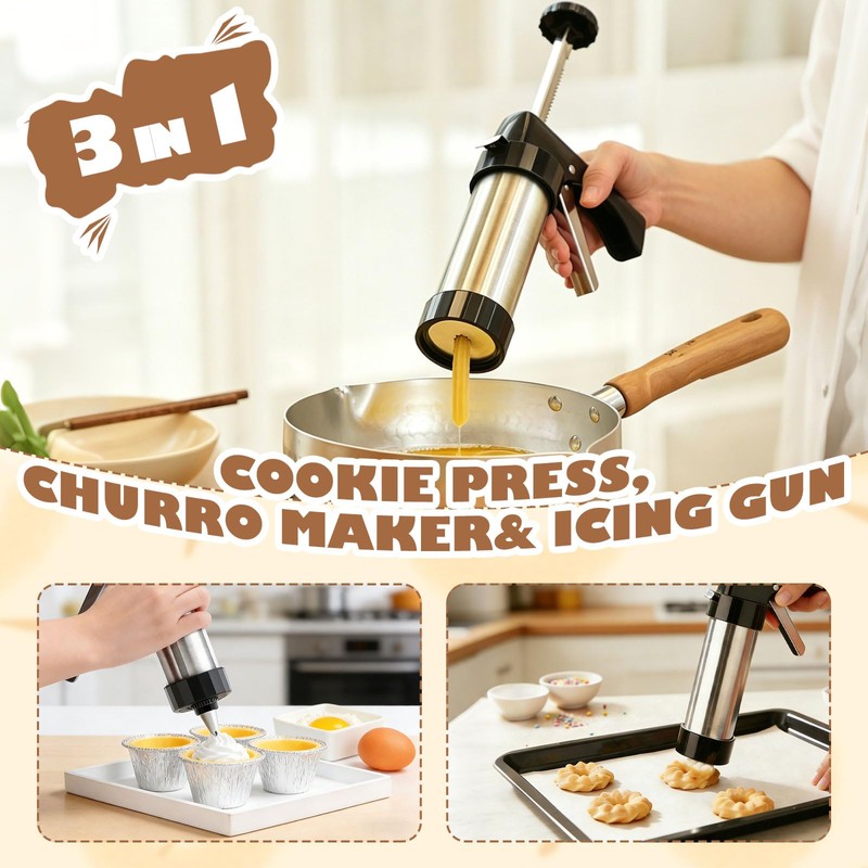 3-in-1 Churro Maker & Spritz Cookie Press Gun Kit, Stainless