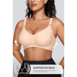 OEAK Womens Seamless Bras Comfortable Bra No Underwire Full Support Bralette Push Up Plus Size V Neck Sleeping Tshirt Bras Nude XL