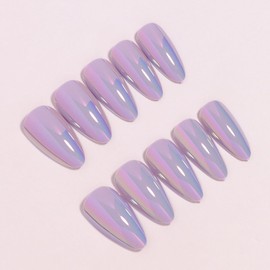 24Pcs Chrome Press on Nails Medium Almond Fake Nails Purple Aurora False Nails Glossy Quality Nail Tips Full Cover Glue on Nail Cute Acrylic Stick on Nails for Women Quick Manicure Kit