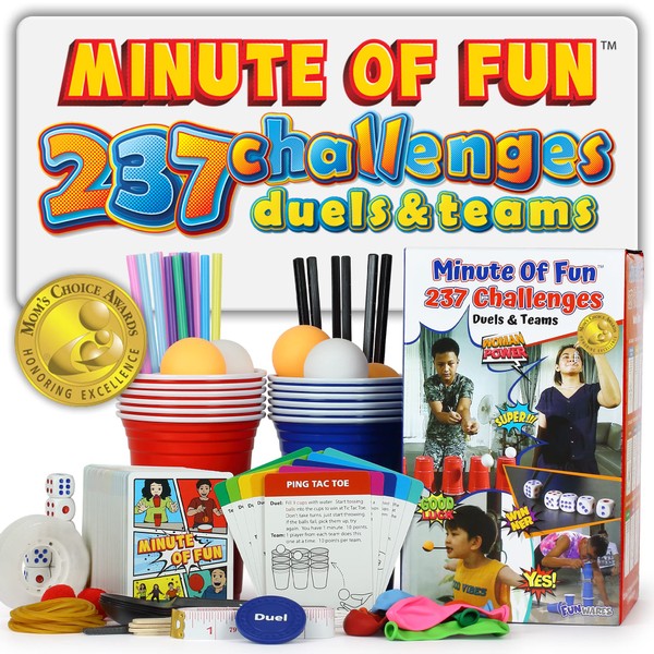 Minute of Fun Party Game - Amazing, 237 Minute to Win It Challenges for Duels, Teams, Parties - Teens, Family, Friends , Kids, Adults, for Home, Scout Games, School, Travel. 2-12 Players.
