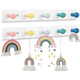 Maitys 2 Pcs Kids Wall Hooks Rainbow Kids Coat Rack Wall Mount Wooden Coat Hooks for Boys Girls Cute Kids Hooks for Cloth Hat Backpack Towel Colorful Hooks for Use in Bedroom Bathroom(Round)
