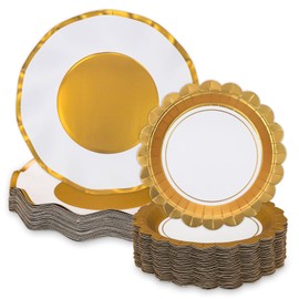 Gold and White Party Plates 100pk, Paper Plates with 50pk Dinner Plates & 50pk Dessert Plates - Disposable Plates Bulk Set Family Dinner Holiday Wedding Anniversary Birthday Party Dishware