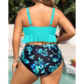 Daci - Traje de baño de dos piezas para mujer, talla grande, conjunto de bikini de cintura alta, con volantes y control de abdomen, Aqua Floral, X-Large