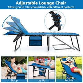 Giantex Patio Lounge Chairs for Outside - Set of 2 Folding Tanning Chair w/Headrest, 4 Adjustable Positions, Side Pocket, Outdoor Chaise Lounge for Camping, Pool, Sunbathing Beach Chair, Navy