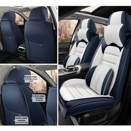 Cscevt 2 Seat Covers for Alfa Romeo Stelvio 2018-2024 Leather Car Seat Covers Waterproof Anti-Slip Soft Car Seat Protectors Premium Automotive Seat Covers with Airbag（Luxury,White+Blue）