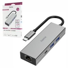 Hama USB C Hub 4 Ports (Multiport Adapter 1x LAN Gigabit Ethernet, 2x USB-A, 1x USB-C for Transferring Data and Charging with PD, USB C Adapter 4-in-1 for Office, Home Office and on the Go) Aluminium