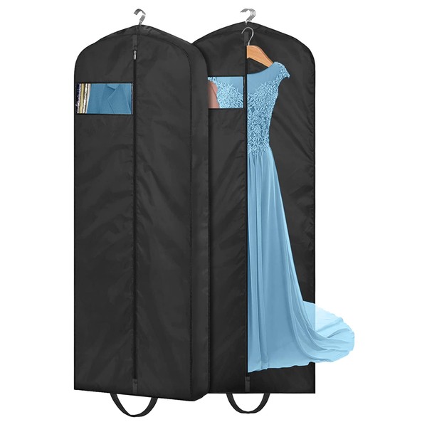 MISSLO 65" Long Garment Bags for Travel Dress Bag Waterproof Wedding Dress Cover Hanging Clothing Bags Protectors for Wardrobe Storage Gowns, Tuxedos, Coats Carrier, Black, 2 Packs