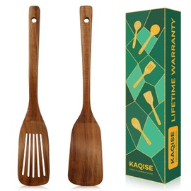 Nonstick Wooden Spatula for Cooking, Finely Polished Teak Wooden Utensils, Kitchen Essential Spatula Set Contains Flat Turner and Slotted Spatula (2Pcs)