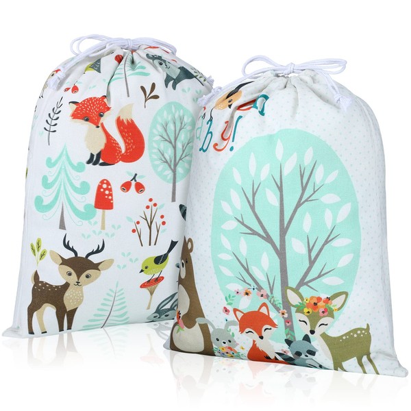 Shappy 2 Pcs Drawstring Fabric Gift Bags, Woodland Animal Reusable Gift Wrap, 15.75 x 11.81'' Large Gift Bag, Woodland Baby Shower Jewelry Bags Party Favor Bags Gender Reveal Birthday Party Supplies