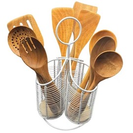 360° Rotating Kitchen Utensil Holder – Large 3-Compartment Organizer with Cork Bottom | Includes 9-Piece Acacia Wood Utensil Set | Professional Luxury Design | Metal Utensil Crock (Matte white)