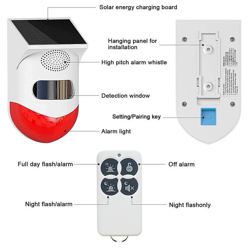 EverNary Solar Strobe Alarm Light with Motion Sensor Siren Outdoor