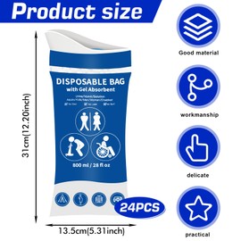 LEKEFETO 24 Stück Urinbeutel für Unterwegs, 800 ml Tragbarer Gel Urinbeutel für Camping, Mobile Notfalltoilette im Auto, Notfall-Toilettenbeutel, für Reisen, Auto Stau, Outdoor