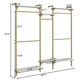 Auromie Gold Wall Mounted Clothing Rack with 5 Hanging Rods, Clothes Rack with Adjustable Shelves, Closet Storage Organizer System Kit, Heavy Duty Garment Rack with Metal Frames (80.71" L*78.74" H)