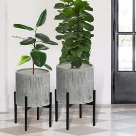 ARNIS Modern Plant Pots, Set of 2 Large Planters with Stand, Decorative Planters, Metal Pots with Drainage Holes for Living Room, Office, Garden or Balcony, 8.25 &10.5 Inch, Dark Cement Matte