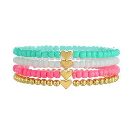 4 Beaded Bracelets for Women Men Gold Pink Blue White Resin Stackable Bracelets Back to School Friendship Couples Cute Boho Stretchy Elastic Jewelry (4 pcs)