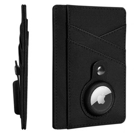 Minimalist Wallet with AirTag Holder Credit Card Holder Slim Wallet for Men, Leather Front Pocket Wallet Compact Small Card Holder Travel Thin Card Case ID Window RFID Blocking Card Organizer (Black)