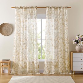 Sheer Floral Curtains 63 Inch Length 2 Panels Set for Bedroom Farmhouse Light Filtering Rod Pocket Warm Sand Country Flower Patterned Sheer Curtains Window Drapes for Living Room, 52x63 Tan