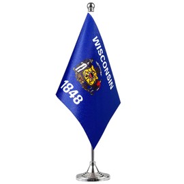 GentleGirl.USA State Flag Wisconsin WI Flag, Small Mini Wisconsin State Flag Desk Flag Stick Office Table Flag on Stand Base, US Festival Events Celebration Decoration,Desk Home Decoration
