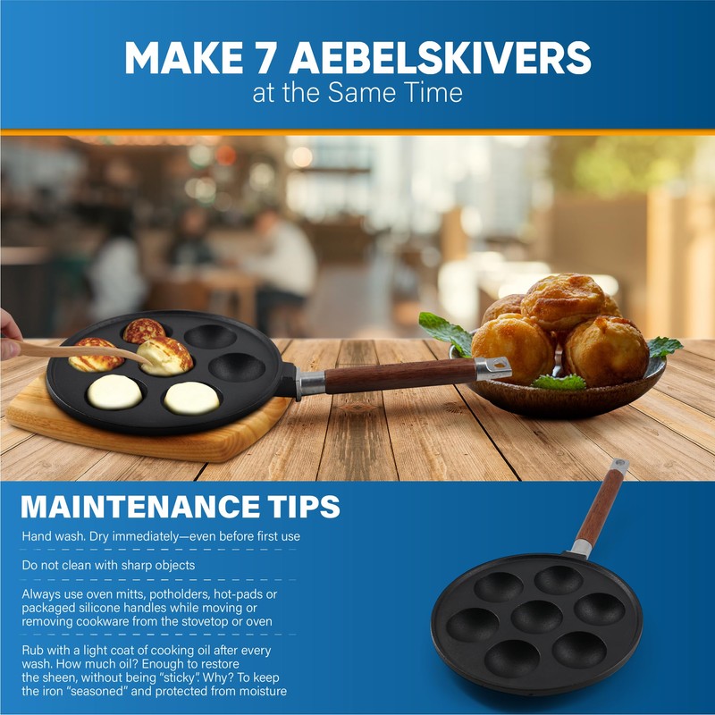 StarBlue 7-Hole Cast Iron Aebleskiver Pan Detachable Wooden Handle, Pre-Seasoned,