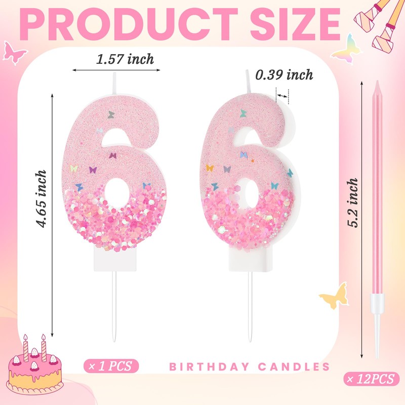 MTLEE Number 6 Birthday Candle with 12 Pcs Spiral Candles