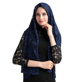 Leimandy Rectangular Lace Veil for Women Lace Scarf Catholic Orthodox Church Head Covering for Latin Mass Baptism Confirmation V25 (Navy)