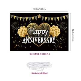 Happy Anniversary Party Backdrop Banner Black Gold Wedding Anniversary Party Decorations Supplies for Wedding Anniversary Indoor and Outdoor Photo Background