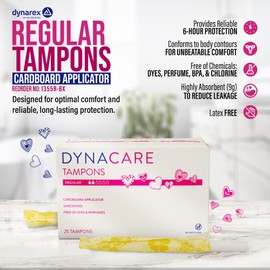 Dynarex Regular Tampons – Feminine Hygiene Product with Cardboard Applicator – 6-Hour Protection – 1 Box of 25 Tampons