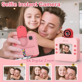 Nreonrick Kids Camera Instant Print, Selfie Digital Instant Cameras, Reversible Lens Mini Toddler Camera with 3 Roll Paper Toys for Boys Girls Age 3-12 in Christmas Birthday 32GB Card (Pink)