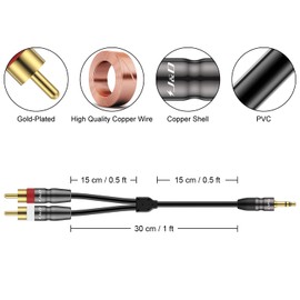 J&D 3.5 mm to Dual RCA Male Stereo Audio Cable, Heavy Duty RCA Cable Gold Plated Copper Shell 3.5mm Male to 2 RCA Male Cable for Smartphone/MP3 Player/Tablet, 1 Feet