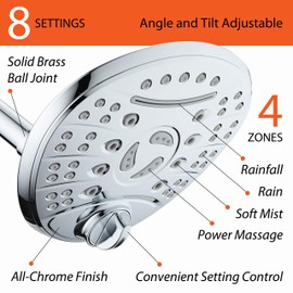 DreamSpa High Pressure 8 setting 7 inch Luxury Rainfall Shower Head with Cascading Waterfall - Modern High-Rise Adjustable with Low-Reach Flow Control Switch, All Chrome Finish - Top American Brand