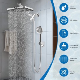 Hibbent High Pressure Adjustable 13" Rain Square Shower Head with Handheld Spray Combo - Chrome