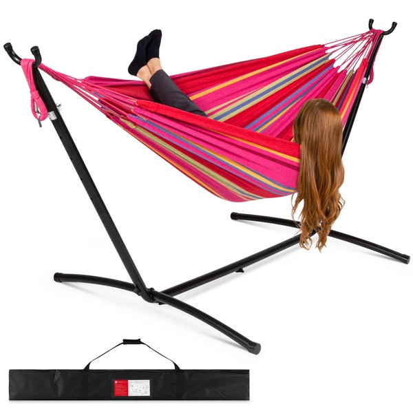 2-Person Brazilian-Style Cotton Double Hammock with Space-Saving Steel Stand Set