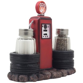 Vintage Gas Station Filling Pump Salt and Pepper Shaker Set with Decorative Car Tires & Route 66 Sign for