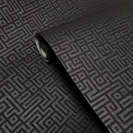Wallpaper Rockefeller Maze Geometric Onyx Black Charcoal Matte Labyrinth Lines