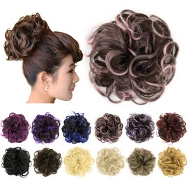 IMISSU 2PCS Messy Bun Hair Piece Updo Fake Scrunchies Ponytail Extension Wavy Curly Hairpieces Chignon Headband for Women Girls (2PCS Brown Pink)