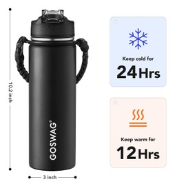 GOSWAG Insulated Sports Water Bottle, 24oz 2 Lids(with Straw/No Straw), Stainless Steel Water Bottles with Paracord Handle, Insulated Bottle with Double-Wall Vacuum Insulation