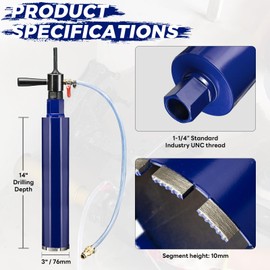DaduoRi 3" Core Drill Bit with SDS Plus Water Injection Adapter (1-1/4"-7 UNC),14" Depth Upgraded Welded Wet Core Bits for Concrete with Rebar, Brick, Masonry,Stucco,Mortar (Include Water Hose Kit)