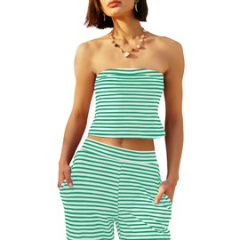 Panadila Womens Striped Two Piece Sets Summer Lounge Outfits Sailor Tube Top and Pants Matching Set Beach Vacation Travel Y2k (Green Combo,L)