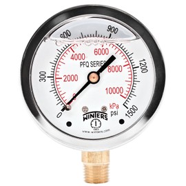 Winters 2-1/2" Dial Size, Liquid Filled Industrial Pressure Gauge, Brass Internals, Stainless Steel Case, Dual Scale 0-1,500 psi/kPa, 1.5% Acc, 1/4" NPT Bottom Mount, Glycerin Filled Pressure Gauge